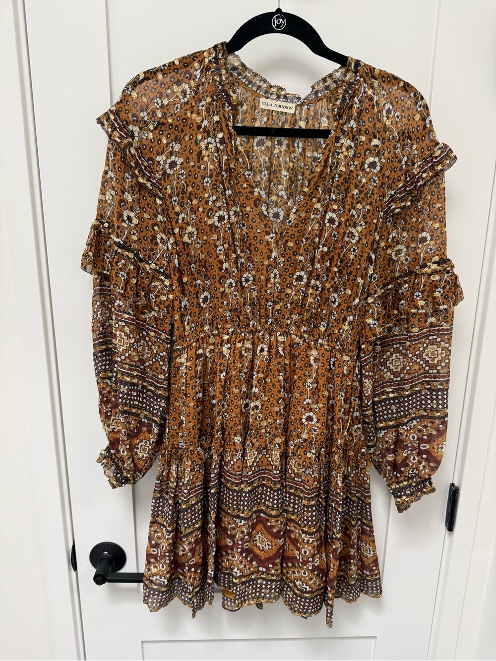 Ulla Johnson Brown and Gold Boho Mini Dress